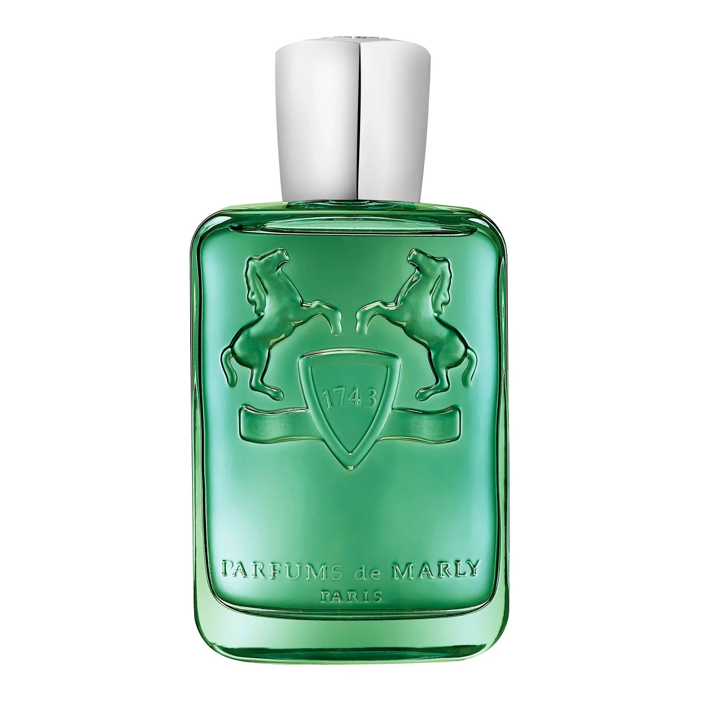 Green perfume bottle with silver cap on a white background