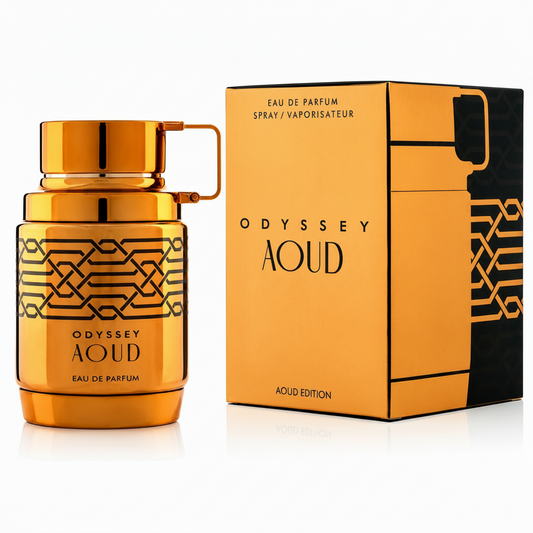 Gold Odyssey Aoud perfume bottle and packaging on a white background