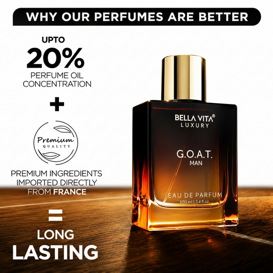Bella Vita Luxury G.O.A.T. Man perfume bottle with promotional text on a dark background