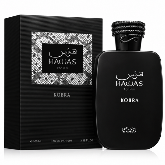 Black perfume bottle and packaging of Hawas Kobra on a white background