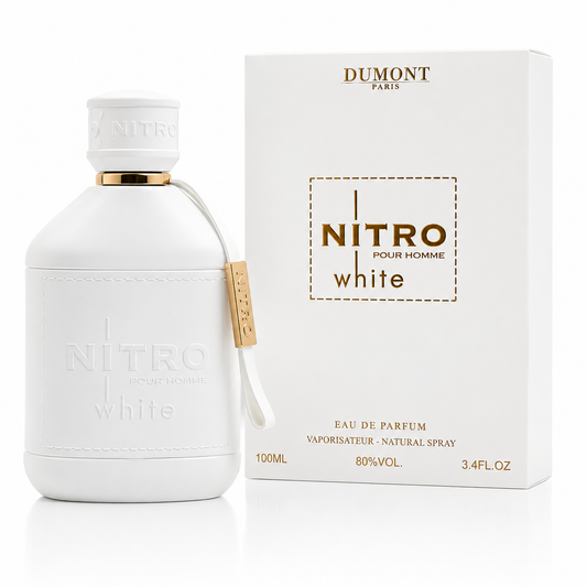 White Nitro pour homme perfume bottle and packaging on a white background