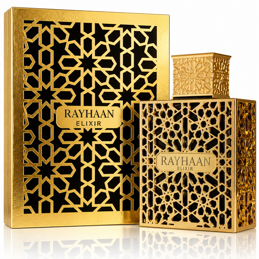 Gold 'Rayhaan Elixir' packaging with intricate patterns on a white background