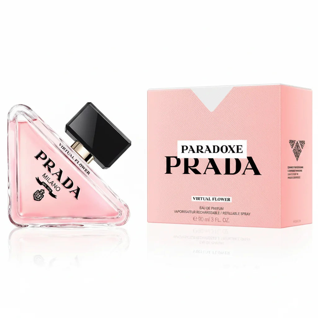 Prada Paradoxe perfume bottle and packaging on a white background