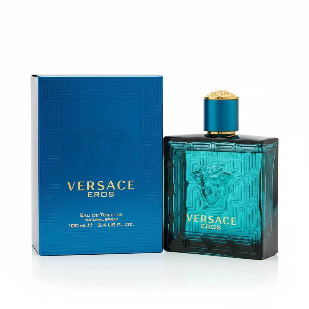 Versace Eros perfume bottle and packaging on a white background